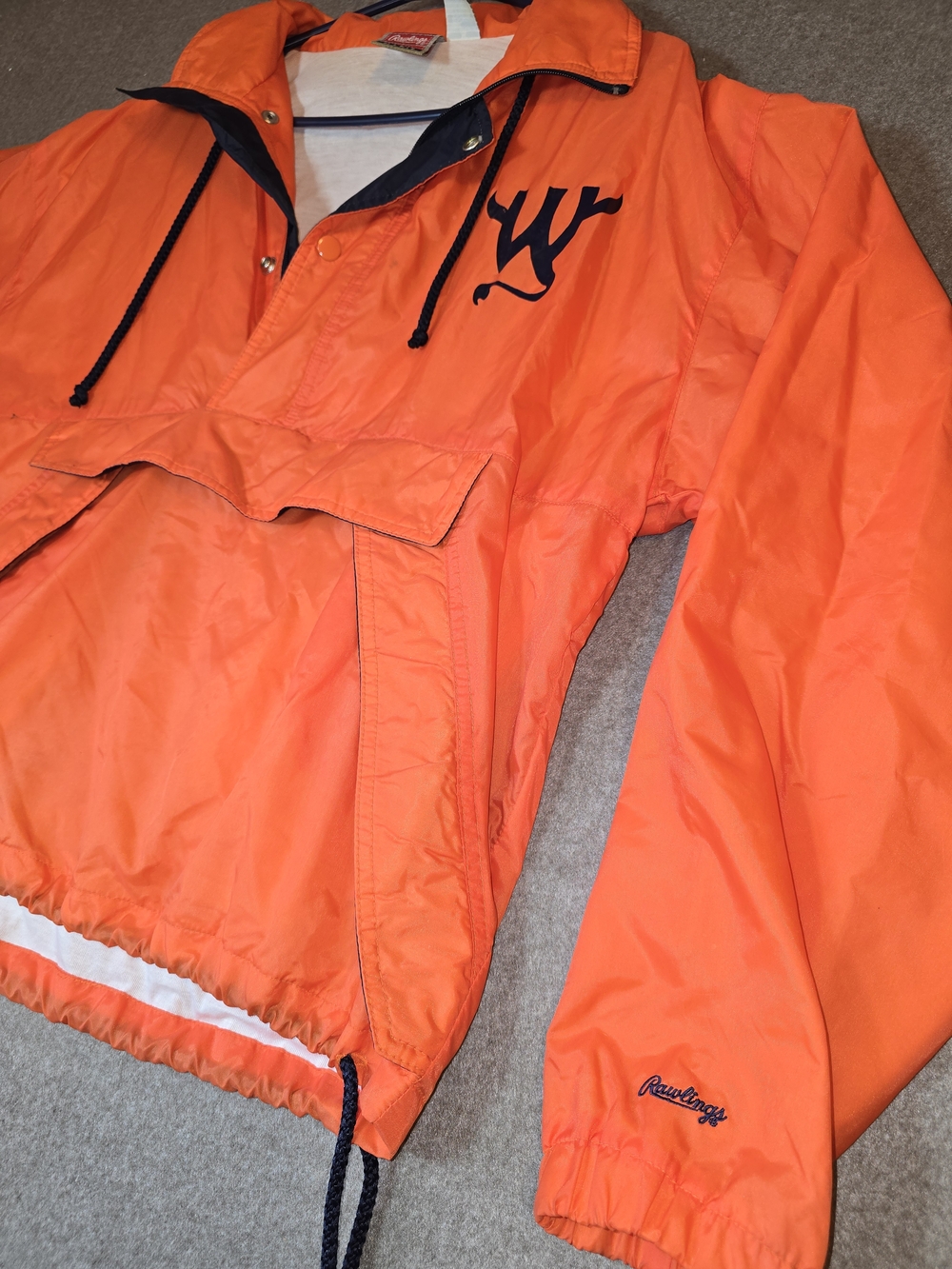 Rawlings Bright Orange Pullover Windbreaker with Navy Trim & Hood Mens Med